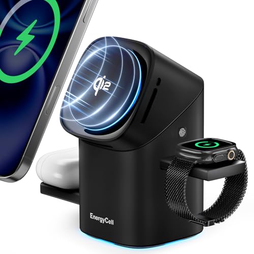 EnergyCell Rotating Wireless Charger, Qi2 Certified 2X Faster 15W for iPhone Charging Station 16/15/14/13/12, Apple Watch, AirPods, 3 in 1 Charging Station Apple Magnetic with Heat Dissipation, Black