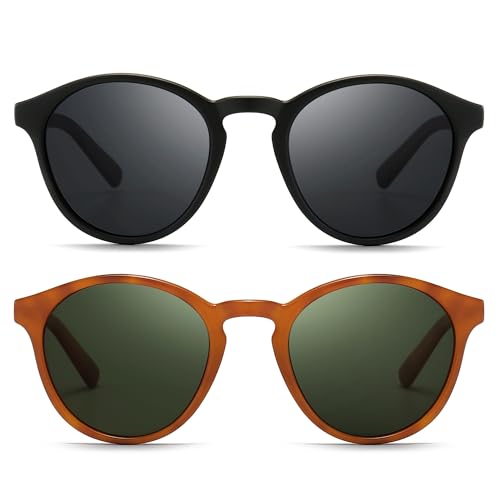 SUNGAIT Classic Vintage Round Polarized Sunglasses for Women Men Retro Style UV400 (2 Pack (Polarized): Black/Grey+ Orange Tortoise/Green) SGT166SHH-HDML