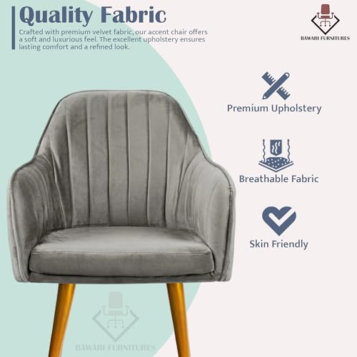 Image of Accent Chair for Living Room| Soft Velvet Fabric Armchair with Multi Colour Leg Options | Modern Chair with Thick Cushion for Home Office restaurent and cafes| 1pc (Golden Legs, Grey)