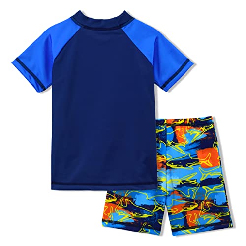 Image of Kids Short Sleeve Sunsuit Swimwear Boys Two Piece Rash-Guard-Sets Dinosaur Pattern