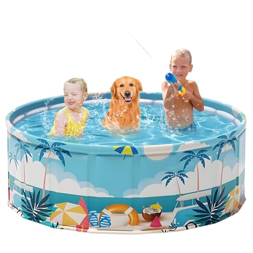 Image of Foldable Swimming Pool for Kids 62.9 inchx17.7 inch Hard Plastic Portable Dog Pool Anti-Slip Collapsible Pets Bathtub Kiddie Pool Indoor Outdoor Backyard (Beach Party 63'')