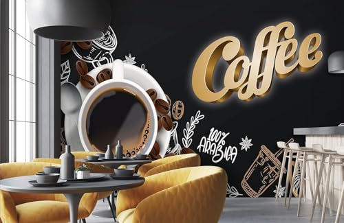 Coffee Theme Wall Murals Peel and Stick 144x100 inch Black Background Wallpaper, Removable Self-Adhesive Wall Murals for Bedroom Living Room Accent Wall Decal Decor - Canvas Fabric ZR-43