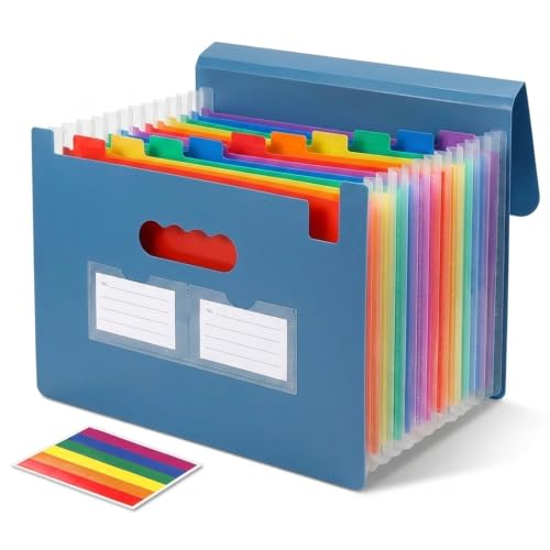 Accordion File Organizer, 13 Pockets Expanding File Folder with Index Tabs, Portable Document Organizer for Paper Receipts Bills Taxes, Letter A4 Document Holder for Home Office School, Blue