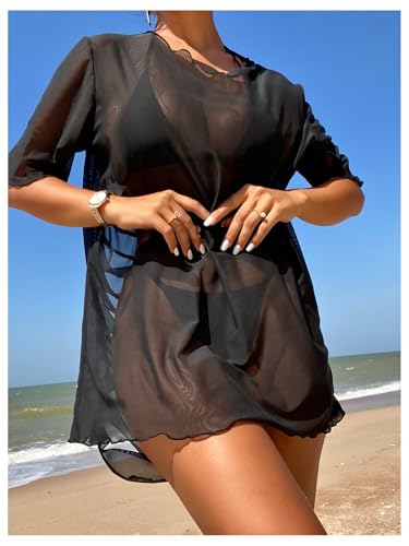 SweatyRocks Women's Ripped Cover Up Half Sleeve Sheer Mesh Beach Coverups Dress Swimsuit2