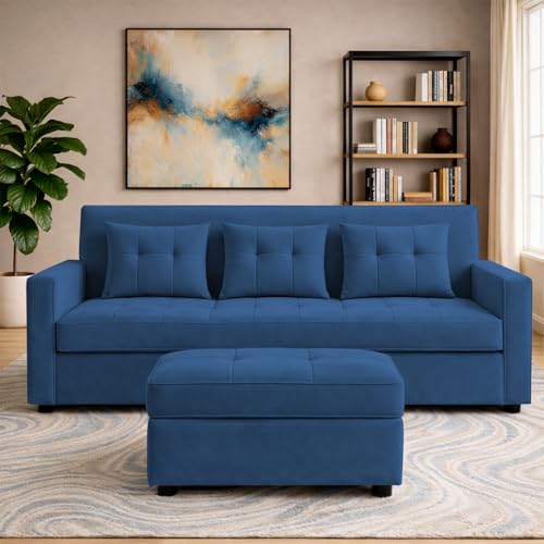 Image of Emilio 3 Seater with Ottomon Pull-Out Sofa Cum Bed (Blue Color) Premium Fabric Sofa Set for Living Room | Bedroom