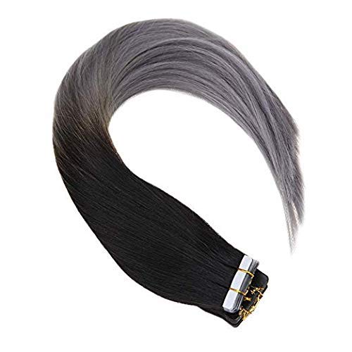 Sunny 18inch Tape in Hair Extensions Remy Human Hair Ombre Natural Black to Blue Grey Seamless Tape in Hair Extensions Remy Human Hair