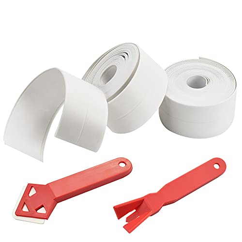VCRANONR 4-teiliges Set Sealer Dichtungsstreifen PVC Selbstklebend Flexibles Dichtband Weiß Fugendichtungsband Bad 3,2 M x 3,8 CM Dichtungsband Wasserdicht 2 * Dichtungswerkzeug Dichtungsstreifen Cover