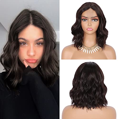 Olymei 12” Short Lace Front Wigs Bob Synthetic Lace Frontal Wigs Small Edge Lace Middle Part Curly Wavy Short Black Wigs for Women