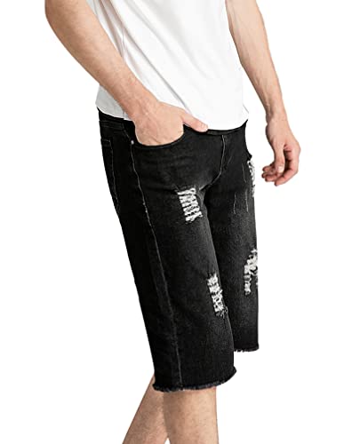 Image of PASOK Men's Casual Denim Shorts Distressed Stretchy Jeans Shorts Ripped Short Pants