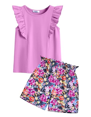 Image of Arshiner Girls Clothes Summer Outfits Ruffle Sleeve Tops and Paperbag Waist Shorts with Pockets Kids Clothing Set