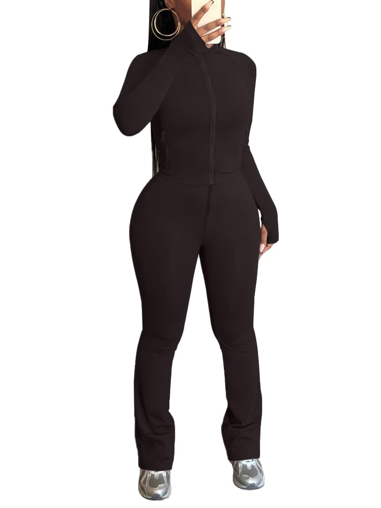 HBQ Women's 2 Piece Tracksuit Sets Long Sleeve Zip Up Crop Tops and Flare Pants Casual Workout Oufit Jogger Loungewear Set2