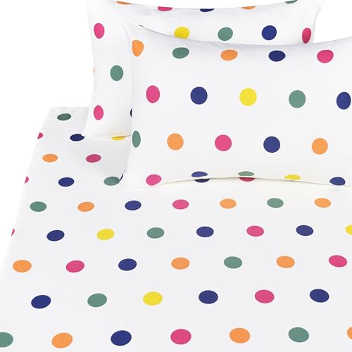 Image of Scientific Sleep Rainbow Dot Colourful 100% Cotton 4 Pc Queen Bed Sheet Set Kids Toddler Teen, Flat Sheet & Fitted Sheet & Pillowcase Kids Bedding Set (Rainbow Dot, Queen)