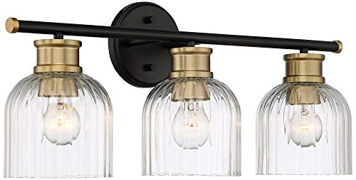 Image of Stiffel Lana Mid Century Modern Wall Light Black Warm Brass Hardwired 23 inch 3-Light Fixture Clear Fluted Glass Shade for Bedroom Bathroom Mirror Vanity Reading Living Room Hallway House