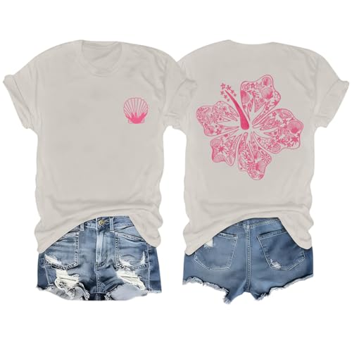 Image of Hawaiian T Shirts for Women Oversized Aesthetic Hibiscus Flower Beach Shirt Teens Preppy Tropical Graphic Tee Tops