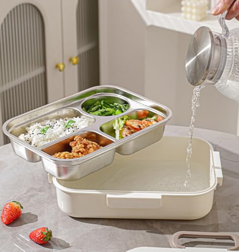 Image of House of Quirk Stainless Steel Lunch Box | 304 Multi-Layer Bento Box with Bag, Compartments & Utensils | Leakproof, Microwave & Dishwasher Safe Food Container (Beige /Brown)