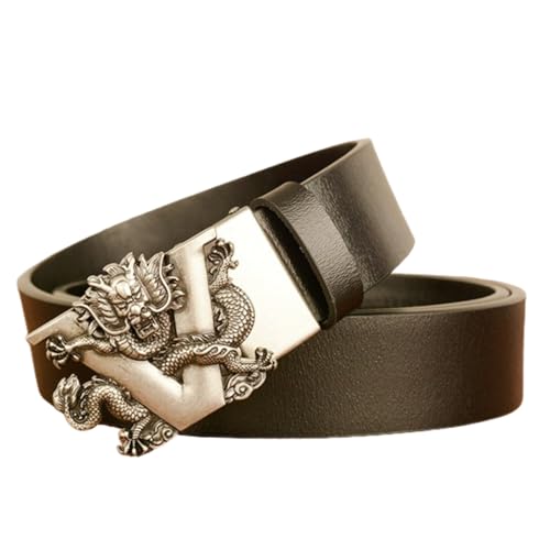Men's Leather Ratchet Sliding Dress Casual Belt With V-Dragon Auto Buckle, Cut-to-Fit, 1 3/8