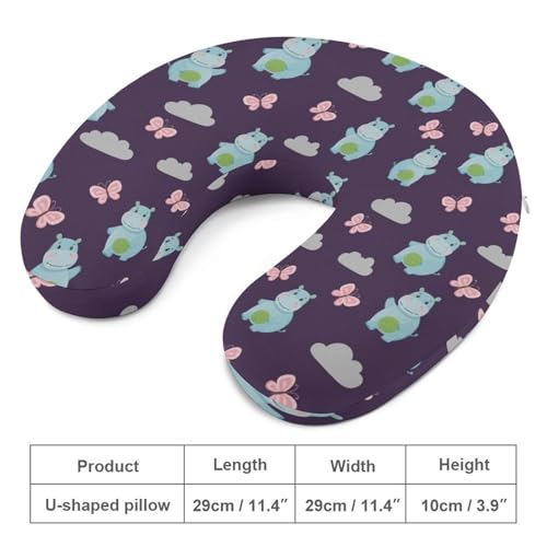 Image of Memory Foam Travel Pillow Chin Head Support Cushion Lovely Hippo, Washable Removable Cover for Airplane Car Outdoor Sleep