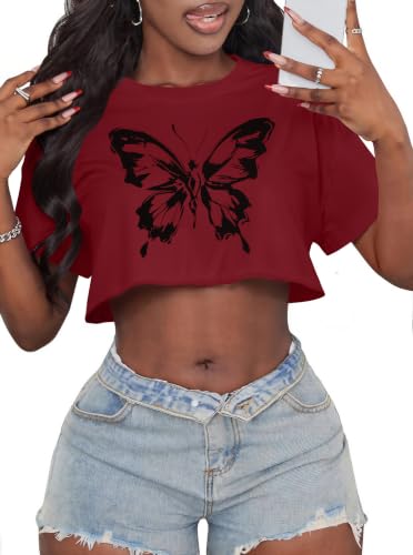 Image of Crop Tops for Women Oversized Short Sleeve T Shirts Crew Neck Cropped Tees