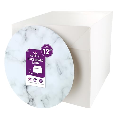 Culpitt Marble Print Cake Board & Tall Cake Box Set | 12 | 12 x 12 x 12 Inch Square Box and Matching Premium Masonite Cake Board Extra Tall Box For Tiered or Decorated Cake Transport