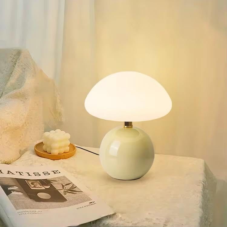 Image of Decorative Green Mushroom Desk Lamp|Minimalist Table Lamp- USB Rechargeable, 3 Colour LED, Dimmer Option for Bedroom, Study & Home Decor