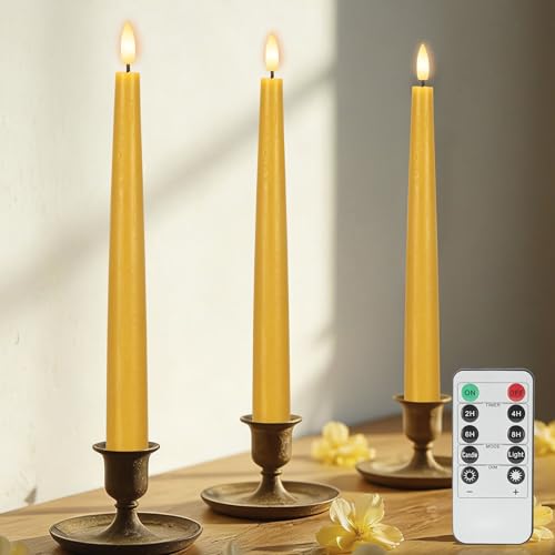 Image of Yellow Flameless Taper Candles with Remote, 9.6 Inches Real Wax Battery Operated Candles, 3 Pack Flickering LED Candlesticks, Tall Taper Fake Candles for Home, Wedding, Party