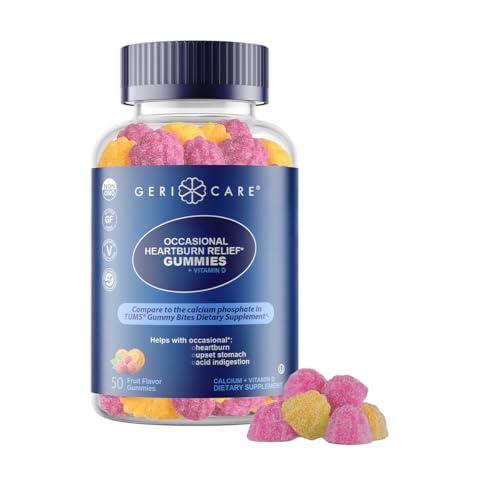 GeriCare Antacid with Vitamin D Gummies, Compare to TUMS Gummy Bites, Fruit Flavor, 50 Count, Non-GMO, Gluten-Free, Vegan, Naturally Sourced for Heartburn, Upset Stomach & Acid Indigestion (1 Pack)