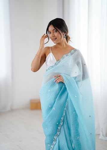 Image of Women's Chiffon Embellished Saree With Unstitched Blouse Piece (Light blue)