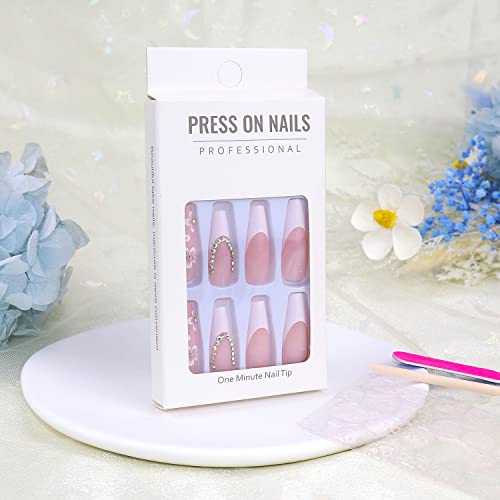 Flower Press On Nails Super Long French Fake Nails Acrylic Coffin Full Cover Nail Tips With White Flowers Rhinestones Luxury Design Nail Glue For Nails Press On Artificial False Nails For Women 24Pcs #TOP6