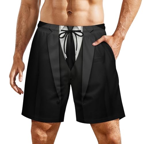 Men's Fashion Casual Swimming Trunks Quick Dry Beach Shorts with Elastic Waist and Pockets Black Tie Tuxedo