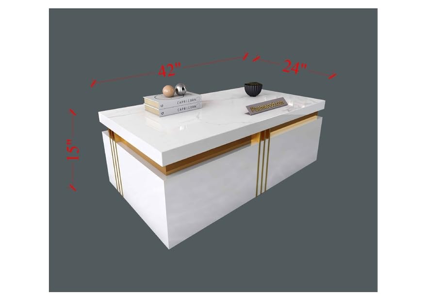 Image of Premium Marble-Top Wooden Center Table for Living Room | Coffee Table | Contemporary Design Craftsmanship (White with Drawer -42x24x17 Inch)