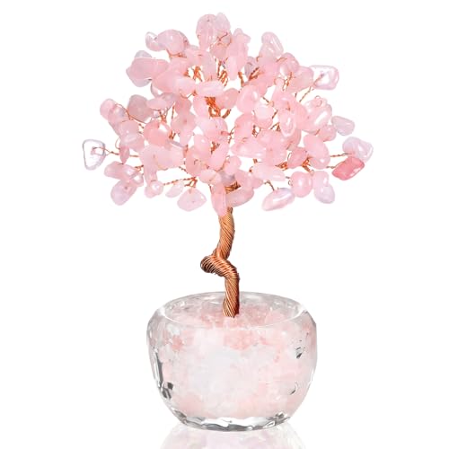 VLYX Rosenquarz-Lebensbaum – Handgefertigter Geldbaum aus rosa Edelsteinen für Zuhause, Büro und als positives Energiegeschenk für Frauen