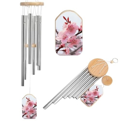 Carillon éolien exquis en aluminium et bois imprimé fleur de prunier – Parfait pour les espaces extérieurs et intérieurs 52 cm