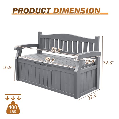 Devoko 80 Gallon Storage Bench Deck Box Lockable for Patio Furniture, Garden Decor and Outdoor Seating for Cushions, Garden Tools and Pool Supplies (Grey) - Thumbnail 3