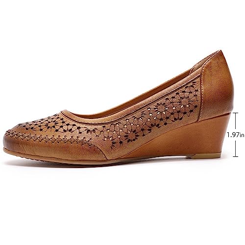 Image of Mona flying Women's Leather Closed Toe Mid Heel Wedges Comfy Dress Pumps