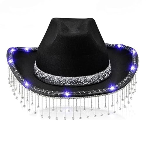 Shurhome Fringed Rhinestones LED Cowgirl Caps Glittering Powder Wide Brims Cowboy Hat Teens Fashion Nightclub Party Photo Cowboy Hat F Black