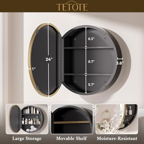 Image of TETOTE Gold Round Bathroom Medicine Cabinet with Mirror 24 x 24 Metal Framed Medicine Cabinet with Storage Adjustable Shelves Farmhouse Wall Mirror with Storage Surface Mounted