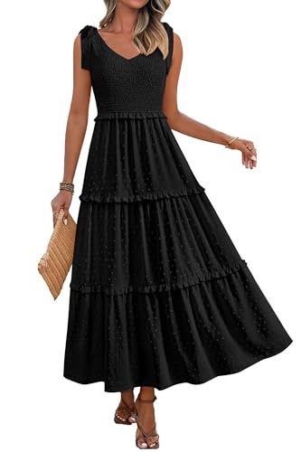 Okiwam Womens Summer Dresses 2025 Sleeveless Tie Strap Maxi Long Flowy Beach Sundresses Boho Swiss Dot Fall Wedding Dresses