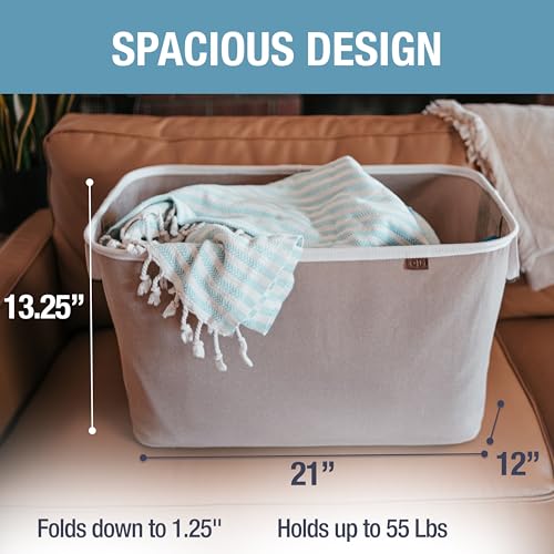 Image of CleverMade Collapsible Laundry Basket LUXE 2 Pack - 60L (16 Gal) Foldable Cotton Blend Clothes Hamper with Vegan Leather Accents, Reinforced Handles, Space Saving Laundry Bin Holds 55 lbs - Mocha