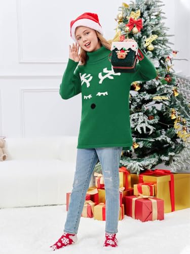 Image of Haloumoning Girls Christmas Sweater Kids Oversized Turtleneck Cute Reindeer Sweaters with Side Slit