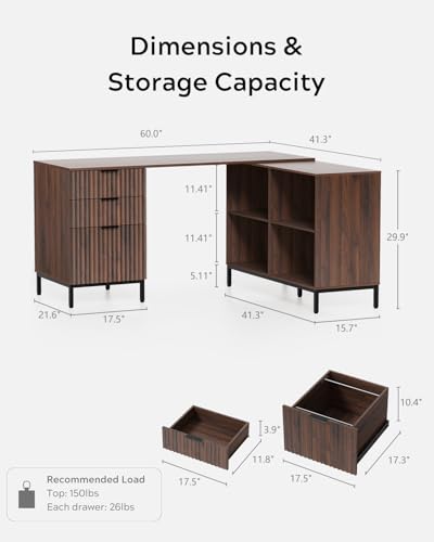 Image of EYYTHUNG L Executive Desk with Storage Cabinet, 60 inch Fluted Modern Flexible Home Office Desk, Large Wood Convertible Computer Standing Up Desk with File Drawer, Writing Desk, Brown