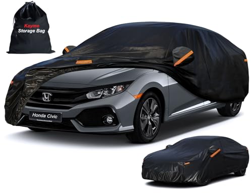 Kayme 7 Layers Car Cover Custom Fit for Honda Civic Sedan/Coupe (1991-2025) Waterproof All Weather for Automobiles Outdoor Full Cover Rain Sun UV Protection with Zipper Cotton/Black