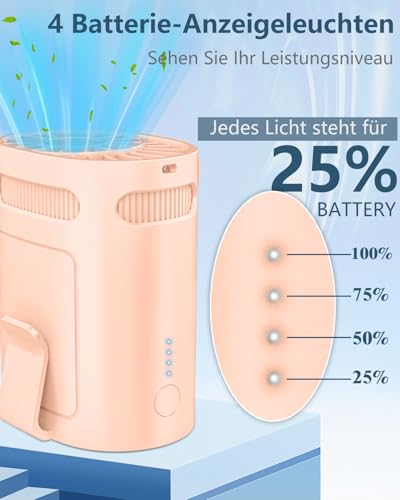 Clip Ventilator Leise-Mini Ventilator Klemmbar-Tragbarer Ventilator Klein, USB Ventilator Clip, Electric Ventilator zum Umhängen,Small Cooler Waist Fan mit Powerbank, Mobiler Ventilator mit Akku Rosa