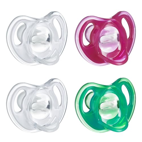 Image of Tommee Tippee Ultra-Light Silicone Pacifier, 18-36 Months, Symmetrical One-Piece Design, BPA-Free Silicone Binkies, Clear/Red/Green, Pack of 4
