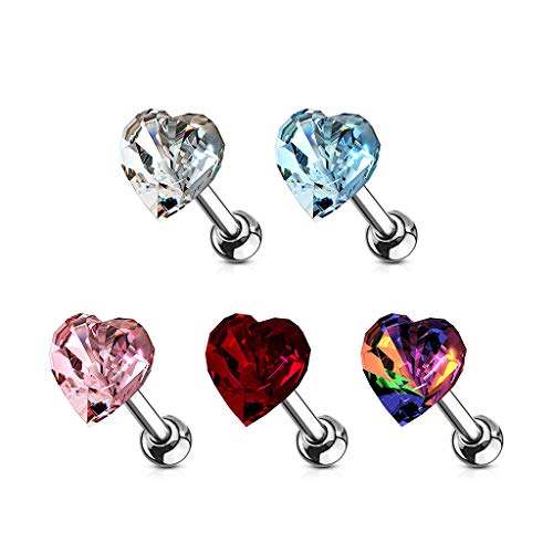 Amelia Fashion 16 Gauge Crystal Heart Top Tragus/Cartilage Barbell Stud 316L Surgical Steel Length 6Mm (Choose Color) (Vitrail Light) #TOP2