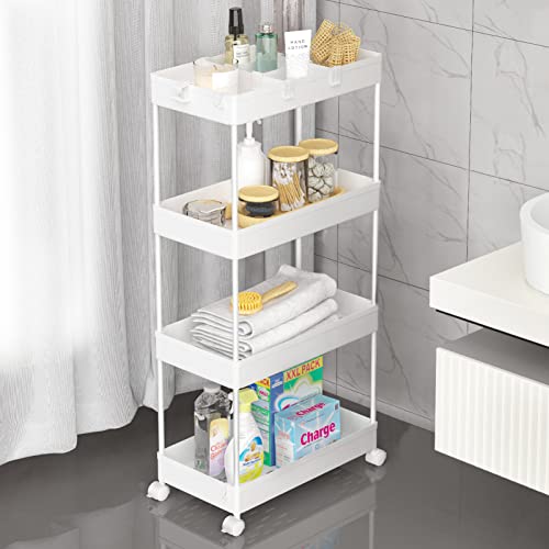 Image of SPACELEAD 4 Tier Rolling Cart with Wheels, Storage Craft Art Trolley Organizer Serving, 3 Hanging Baskets Easy Assembly, for Office, Living Room, Kitchen
