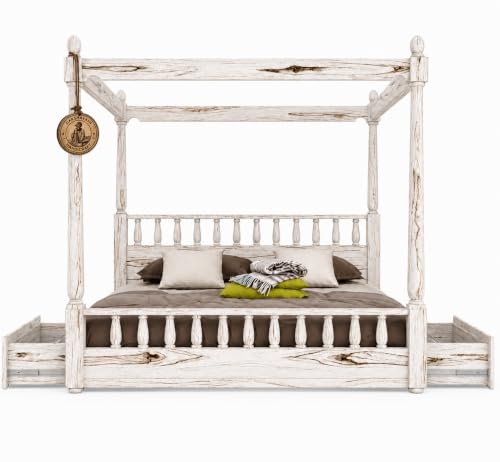 Image of Sheesham Solid Wood Allure Poster Bed for Bedroom | Handmade Wooden Cot | Elegant Four Poster King Size Bed Frame (Rustic White, King, Allure with Storage)