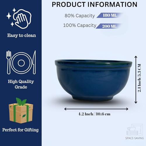 Image of Freakway Sapphire Blue Stoneware Bowls for Dining - Set of 6-200 ML