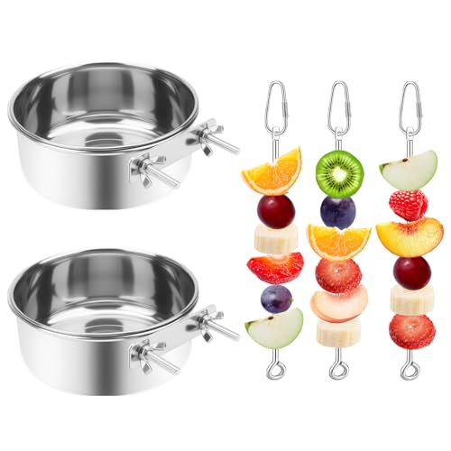 VOXGET 2 Pcs Bird Feeder Bowls with 3 Pcs Food Holder for Cage Parrot Food Water Bowls and Fruit Skewer Foraging Toy Stainless Steel Bird Feeding Dish Cups for Small Animals (Silvery 5 Pcs)