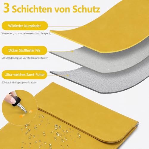 HYZUO 13.3-14 Inch Laptop Sleeve for MacBook Pro 14 M5/M4/M3/M2/M1 Pro/Max 2026-2021, 13.3" MacBook Air/Pro, 13.5-13.8 Surface Laptop, HP Envy 13, Faux Suede Leather Case with Pouch, Olive Yellow - Thumbnail 3