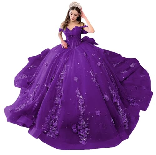 Mauuwy Purple Off The Shoulder Quinceanera Dresses Ball Gown Sweet 15 Gowns 3D Applique Lace Bead Tull Vestidos 15 De Quinceanera Size 10